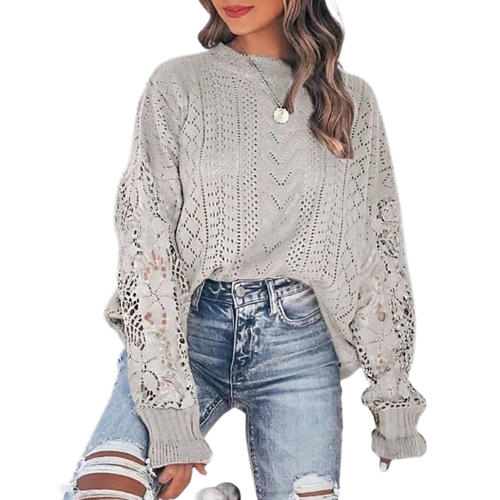 *NWOT Grey Cutout‎ Lace Sleeve Sweater